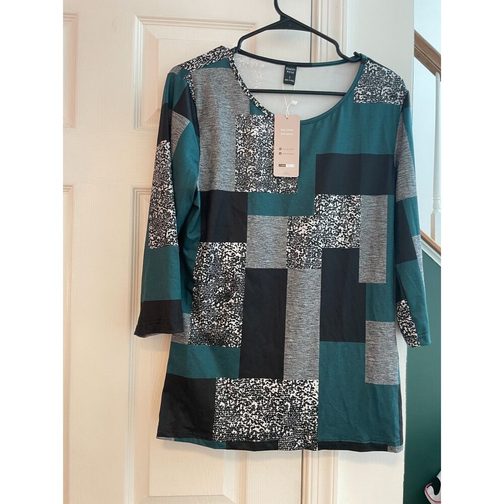 Emery Rose Patchwork Tunic Top Teal Black Gray Abstract Print Size L NWT